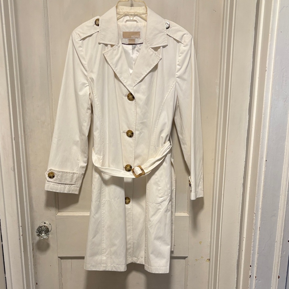 Michael Kors White Belted Dress Trench Rain Coat Jacket Petite Large